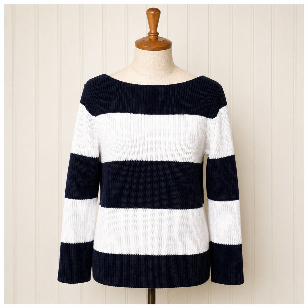 Lauren Ralph Lauren Sweater M Navy White Stripe Cotton Boatneck Preppy Knit